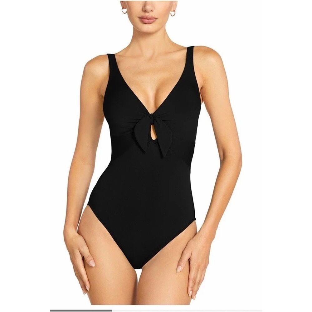 Robin Piccone Ava Plunge Neck Tie-Front One Piece Swimsuit Sz 6 Black NWT